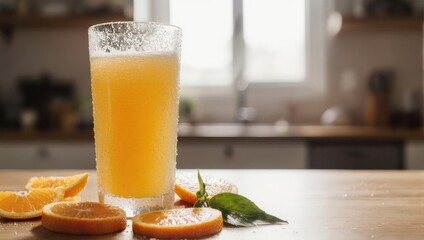 A tall glass of orange juice, surrounded by orange slices and leaves, sits on a kitchen countertop. Soft focus on the background, showcasing a bright, sunny kitchen