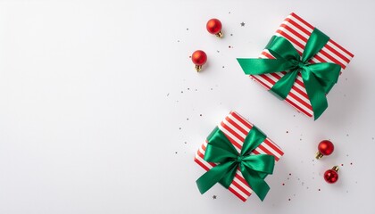 Fototapeta premium Christmas presents with green ribbons and red ornaments festive holiday decorations holiday gift wrapping ideas seasonal decor setup holiday cheer