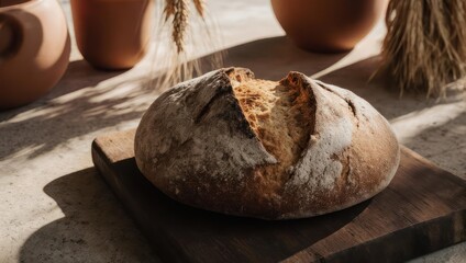 Rustic loaf of bread on a wooden board, bathed in sunlight, with terracotta pots and wheat stalks in the background