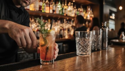 Bartender expertly garnishes a cocktail at a dark wood bar