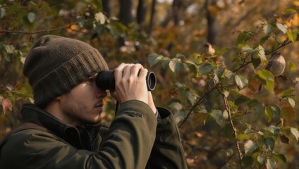 Man in forest, using binoculars, observes birds