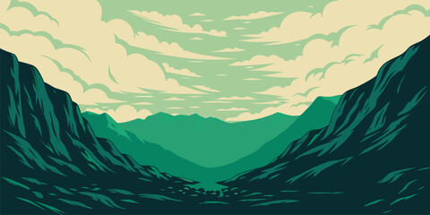 Serene green mountain valley landscape with dramatic skies, perfect for travel blogs, nature editorials, and outdoor adventure campaigns