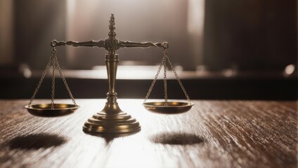Golden legal scales on wooden table. Soft light