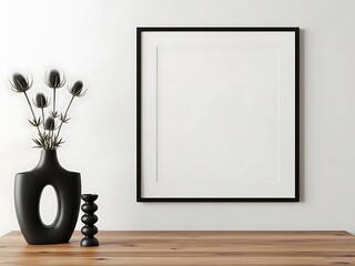 Minimalist home decor with a blank black picture frame on a white wall, featuring a modern black vase with dried thistles and a wooden table.