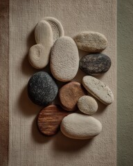 Natural Pebbles Still Life on Neutral Textured Canvas