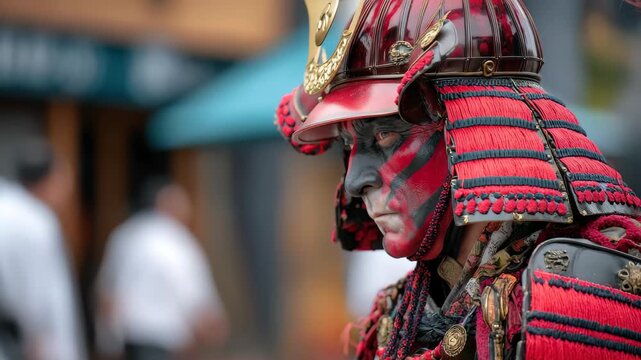 Warrior dressed in traditional samurai armor poses in a bustling market street during a cultural festival