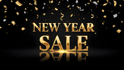 Festive new year sale announcement with glittering confetti and golden reflective text