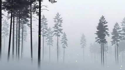 Misty forest scene with tall evergreen trees in soft fog.