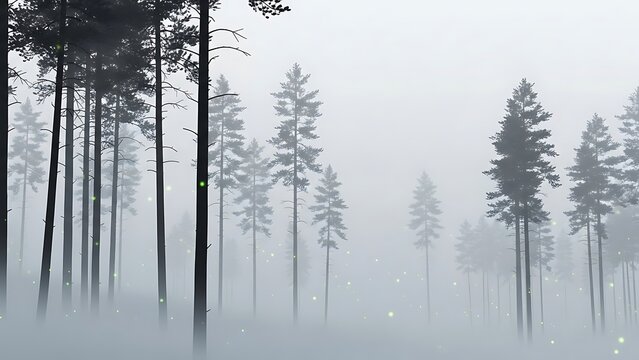 Misty forest scene with tall evergreen trees in soft fog. - Powered by Adobe