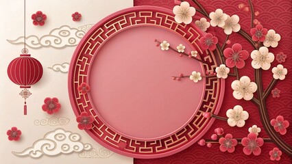 Luxury Red Paper-Cut Circular Frame with Plum Blossoms and Blank Center Background
