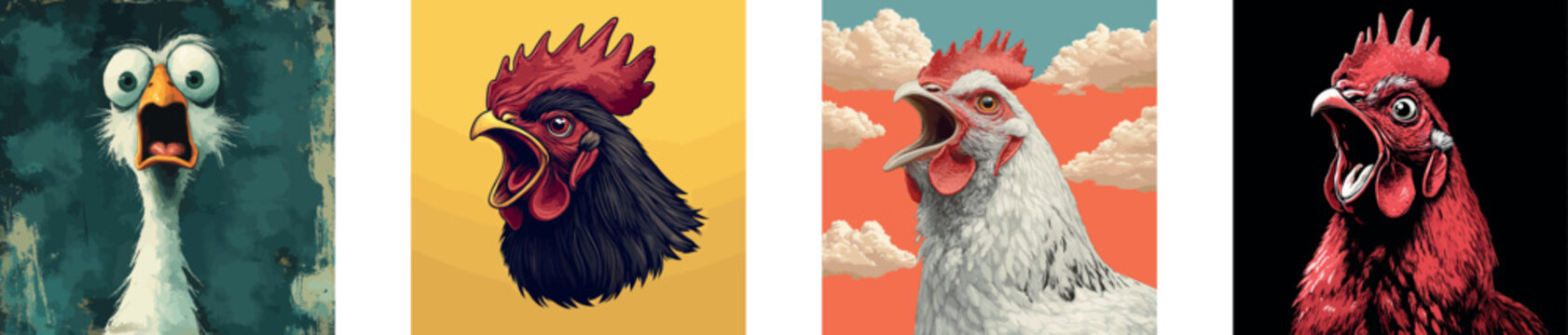 In this illustration, a rooster is shown with an angry crowing expression against a sunny background, created in a modern clip art style that utilizes simple gradients and includes some elements on