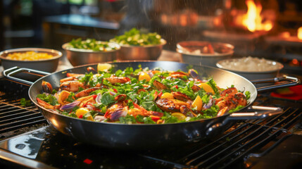 A large pan filled with mussels, seafood, and colorful vegetables simmers on the stove. Fresh herbs and citrus slices enhance the dish's flavor as a lively kitchen backdrop buzzes with activity.