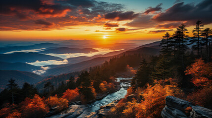 A stunning panorama showcases a winding river flowing through a green valley surrounded by majestic mountains under a clear blue sky, highlighting nature's beauty.