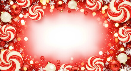 Bright red background border design framed with swirling peppermint sweets shiny ornaments and bokeh lighting effects