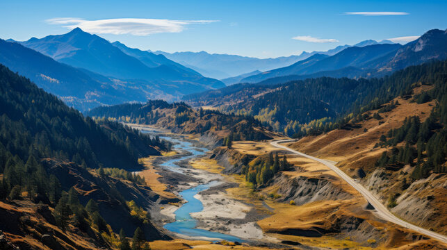 Breathtaking view of winding river surrounded by lush mountains in a tranquil valley during daytime - Powered by Adobe