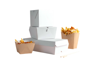 Stacked white food boxes, with loaded fries in paper containers, on a black background