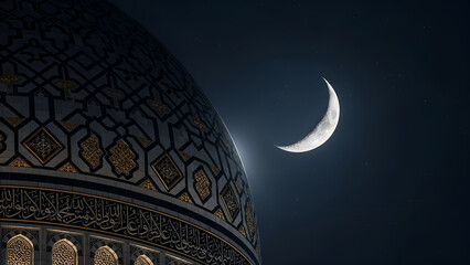 Serene night sky with a shimmering crescent moon gracefully hovering above an intricately designed mosque dome, evoking a sense of peace and spiritual reflection