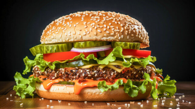 Thick burger made with a savory patty featuring lettuce, tomatoes, pickles, onions, and a special sauce. The bun is topped with sesame seeds, enhancing its appearance. - Powered by Adobe