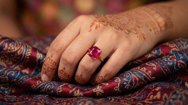 Hand with henna wearing square red gemstone ring - Powered by Adobe