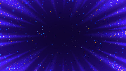 Futuristic glowing light rays and particles background. Teleport or time travel concept. Hyper speed jump effect with bright colorful particles. Fantastic explosion. Vector illustration.