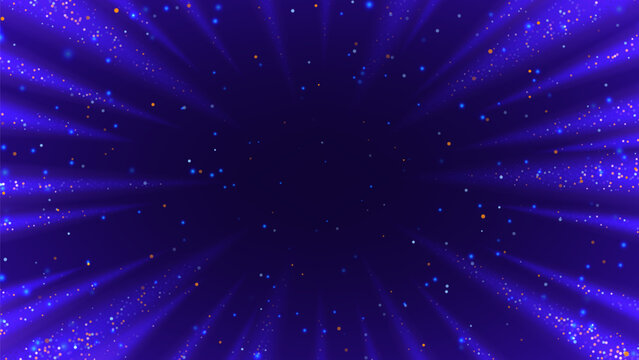 Futuristic glowing light rays and particles background. Teleport or time travel concept. Hyper speed jump effect with bright colorful particles. Fantastic explosion. Vector illustration.