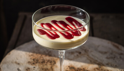 A creamy dessert with a vibrant red berry coulis drizzled on top, served in a stemmed glass.