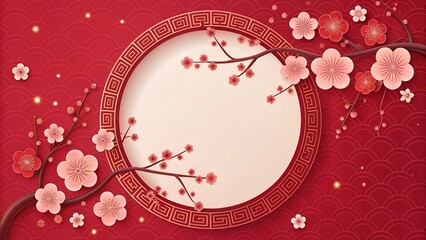 Elegant Paper-Cut Circle Frame with Plum Flower Accents and Clean Empty Center
