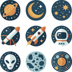 Flat $2D$ Geometric Astronomy and Space Vector Icon Set