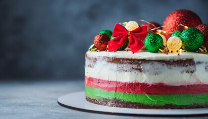 A multi-layered cake with red and green frosting and fruit decorations on top is displayed on a round white plate