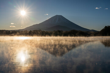 精進湖 湖畔から湖面に映る富士山と朝日