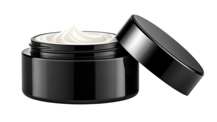 Black glossy cream container with lid open, isolated on transparent background.