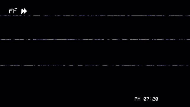 Fast Forward FF VHS Tape Distorted Signal Noise and Glitch Overlay Transition with Old Tape Artifacts and Timecode Display 4k video animation seamless loop