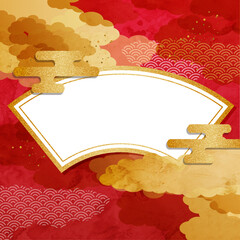金雲と赤背景の華やかな和風フレーム