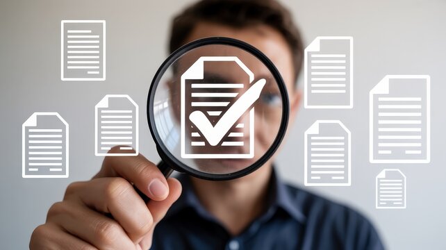 Professional examining digital documentation for compliance using a magnifying glass