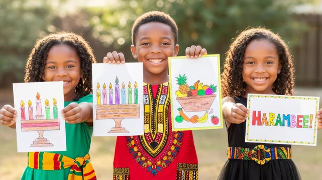 Three african american children holding Kwanzaa drawings, showing kinara, fruit bowl, and Harambee sign, for holiday celebration and education.