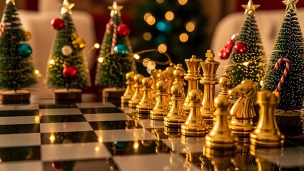 Golden chess pieces lined up on a board with christmas trees in background