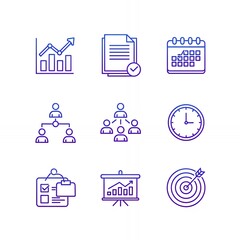 Collection of nine business management icons featuring charts organization planning time scheduling and goal achievement concepts