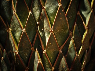 &ldquo;Close-up macro of cactus scales forming geometric diamond patterns with golden spines and dramatic natural lighting&rdquo;
