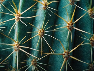 &ldquo;Macro close-up of symmetrical cactus ribs with radiating golden spines against deep green surface texture&rdquo;