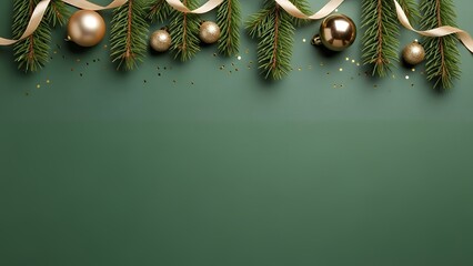 Elegant holiday border featuring golden Christmas ornaments pine branches and ribbon against a deep green background