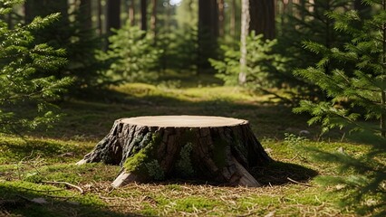 Moss covered tree stump in a sunlit forest clearing
