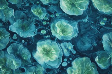 &ldquo;Fluid bio-organic abstract pattern resembling underwater blossoms with flowing lines in teal and aqua tones&rdquo;