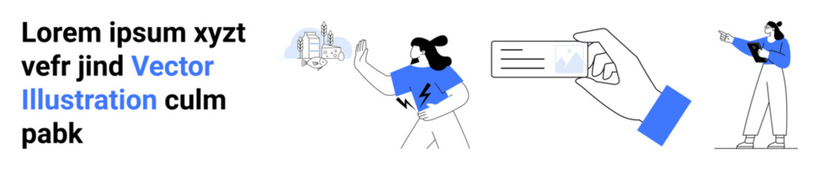 Woman pointing to virtual interface, scanning a card with a hand, and viewing floating objects. Ideal for technology, innovation, business, future, digital interaction, productivity simple landing