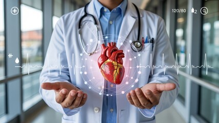 Medical professional displays holographic heart model with vital signs monitoring