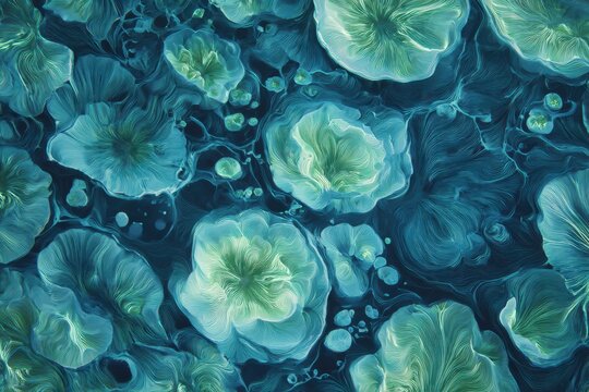 &ldquo;Fluid bio-organic abstract pattern resembling underwater blossoms with flowing lines in teal and aqua tones&rdquo;