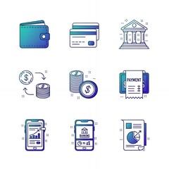 Collection of finance and banking icons featuring currency exchange credit cards mobile banking and payment receipts