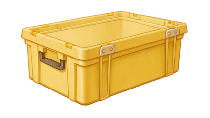 Yellow plastic storage crate with handles isolated on transparent background
