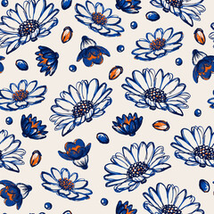 Floral Seamless Pattern. Vector Hand Drawn Flowers Ornament Design. Floral Wallpaper Template. Minimalist Monochrome Flower Texture. Repeated Floral Trendy Design for Fabric, Prints