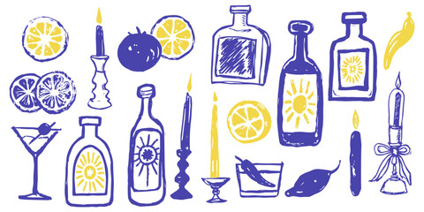 Chalk Sketch Line Art Style Simple Illustrations Set. Creative Trendy Food and Drinks Print Design. Hand Drawn Ink Linear Elements. Party Collection for Poster, Invitation, Picnic Design. Vector 