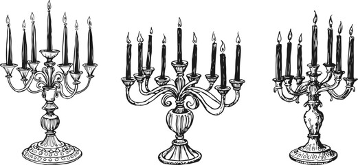 Retro Сandelabra Set Hand Drawn Sketch Vector Illustration. Vintage Candle for Trendy Creative Design. Candlestick Charcoal Sketch Line Illustration. Vintage Lamp Minimalist Vector Drawing.